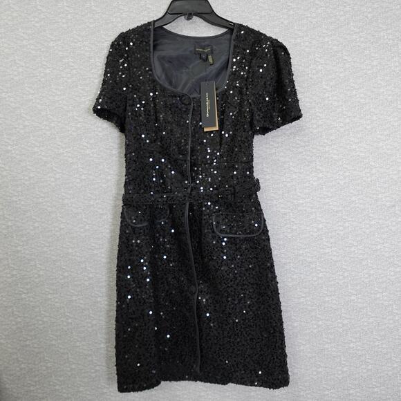 Donna Karan New York Size 14 Black Sequin Short Sleeve ButtonUp Belted Dress NWT - Picture 1 of 16